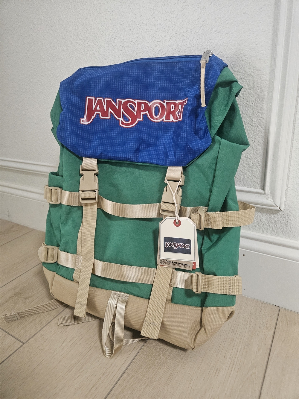 Jansport Green and Blue Canvas Rucksack with Tan Accents